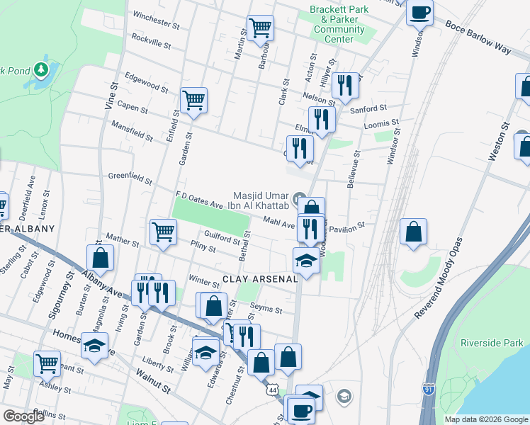 map of restaurants, bars, coffee shops, grocery stores, and more near 40 Mahl Avenue in Hartford