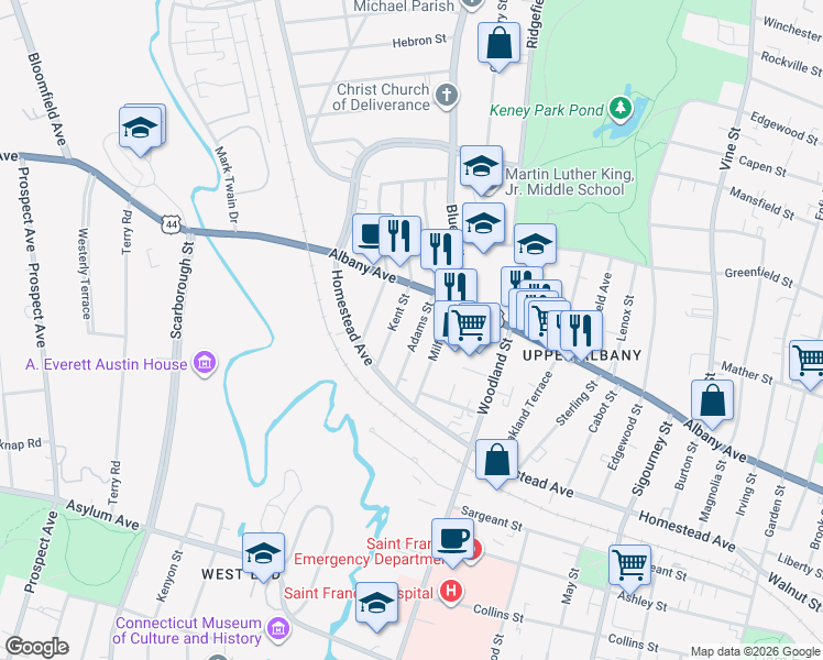 map of restaurants, bars, coffee shops, grocery stores, and more near 50 Kent Street in Hartford