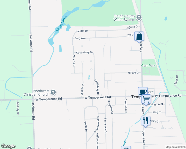 map of restaurants, bars, coffee shops, grocery stores, and more near 9238 Castlebury Drive in Temperance