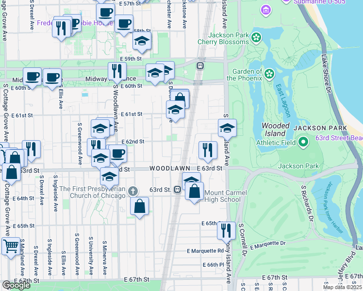 map of restaurants, bars, coffee shops, grocery stores, and more near 6143 South Dorchester Avenue in Chicago