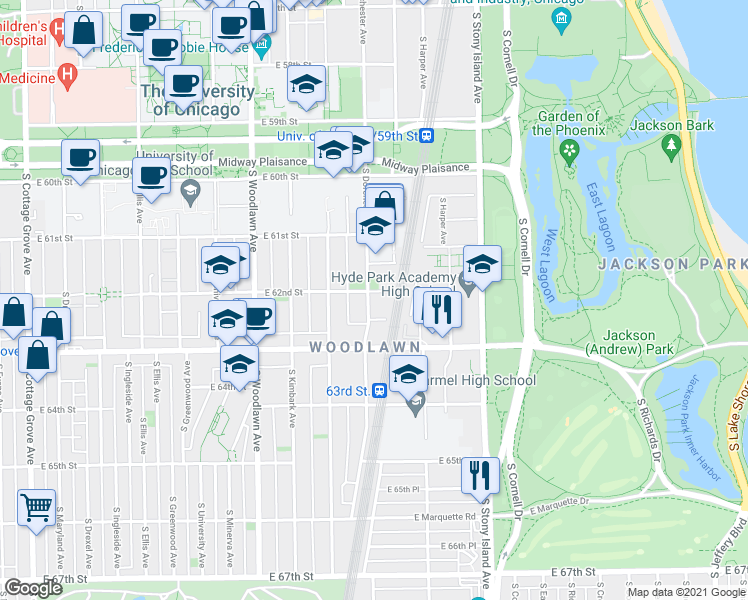 map of restaurants, bars, coffee shops, grocery stores, and more near 6143 South Dorchester Avenue in Chicago