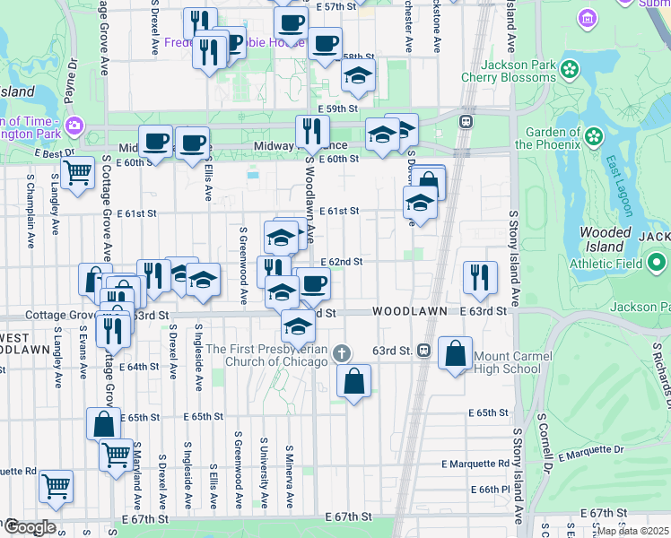map of restaurants, bars, coffee shops, grocery stores, and more near 1210 East 62nd Street in Chicago