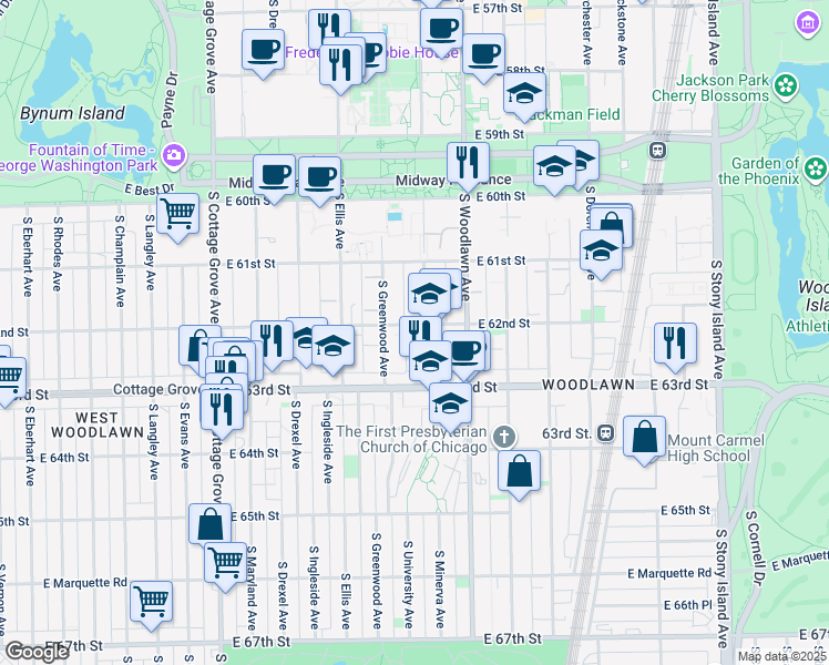 map of restaurants, bars, coffee shops, grocery stores, and more near 1126 East 62nd Street in Chicago