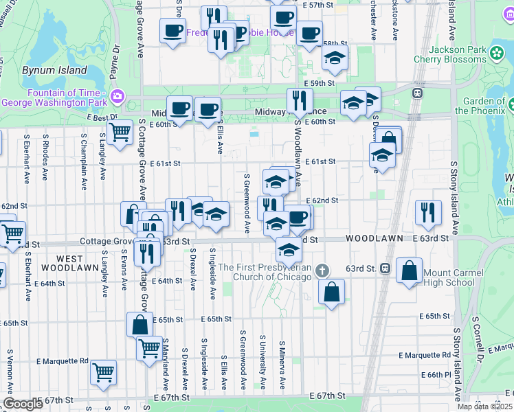 map of restaurants, bars, coffee shops, grocery stores, and more near 1126 East 62nd Street in Chicago
