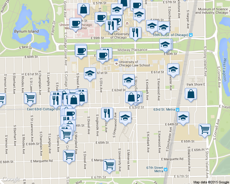 map of restaurants, bars, coffee shops, grocery stores, and more near 1126 East 62nd Street in Chicago