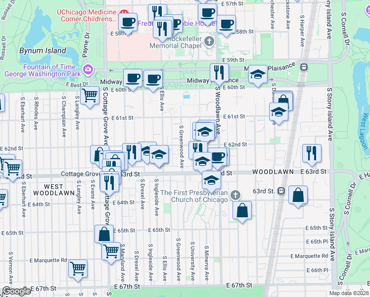 map of restaurants, bars, coffee shops, grocery stores, and more near 1126 East 62nd Street in Chicago