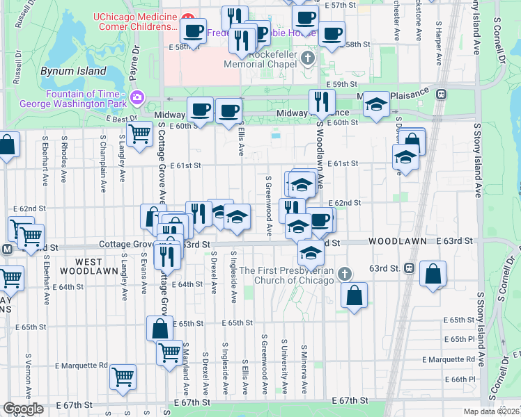 map of restaurants, bars, coffee shops, grocery stores, and more near 6158 South Greenwood Avenue in Chicago