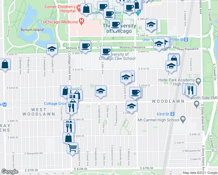 map of restaurants, bars, coffee shops, grocery stores, and more near 6158 South Greenwood Avenue in Chicago