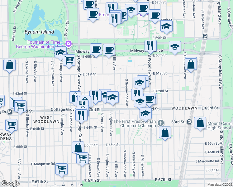 map of restaurants, bars, coffee shops, grocery stores, and more near 6156 South Ellis Avenue in Chicago