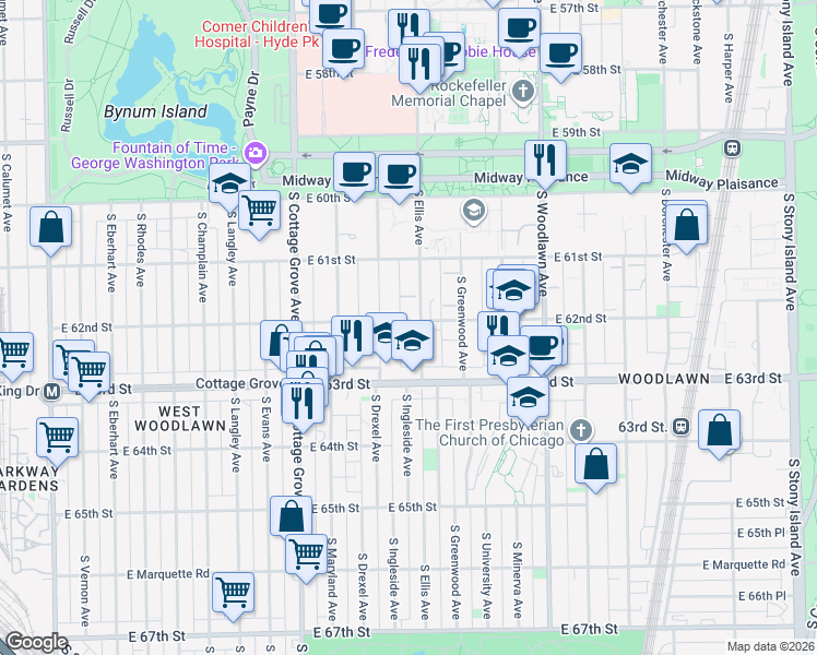 map of restaurants, bars, coffee shops, grocery stores, and more near 965 East 62nd Street in Chicago