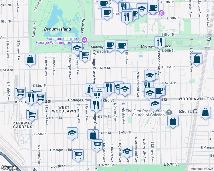 map of restaurants, bars, coffee shops, grocery stores, and more near 6140 South Drexel Avenue in Chicago