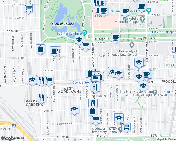 map of restaurants, bars, coffee shops, grocery stores, and more near 6154 South Evans Avenue in Chicago