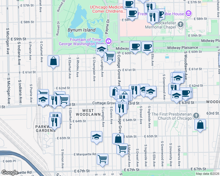 map of restaurants, bars, coffee shops, grocery stores, and more near 6154 South Evans Avenue in Chicago