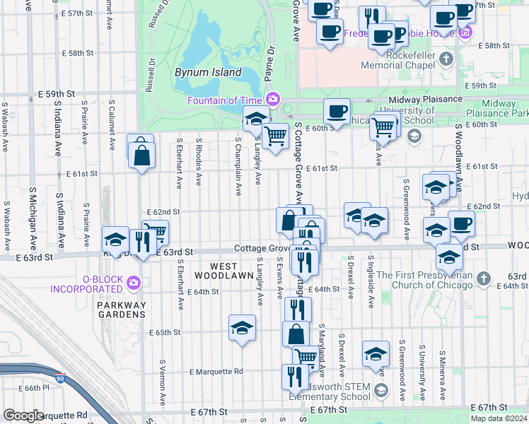 map of restaurants, bars, coffee shops, grocery stores, and more near 6154 South Evans Avenue in Chicago