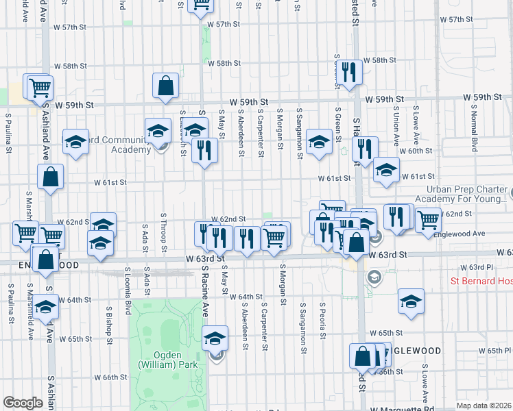 map of restaurants, bars, coffee shops, grocery stores, and more near 6128 South Carpenter Street in Chicago