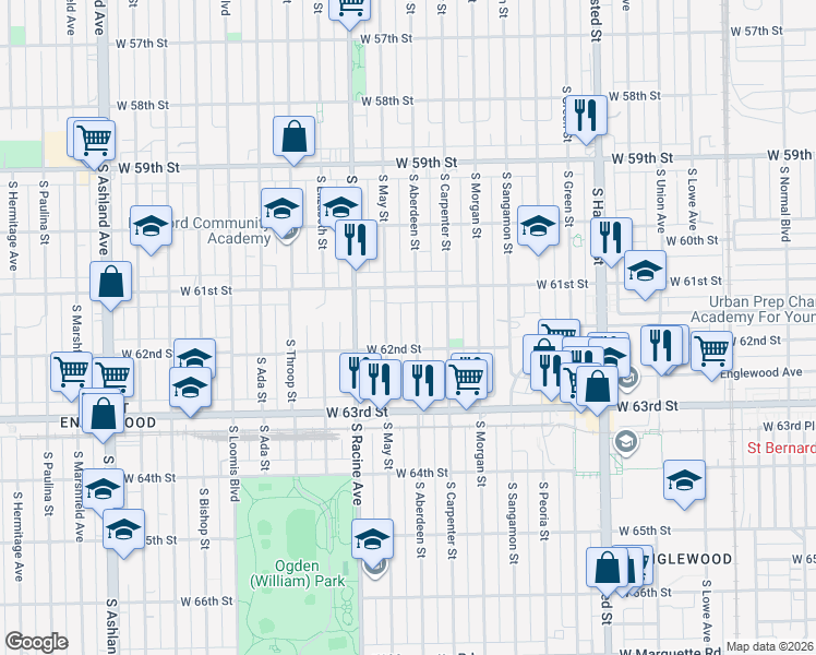 map of restaurants, bars, coffee shops, grocery stores, and more near 6124 South Aberdeen Street in Chicago
