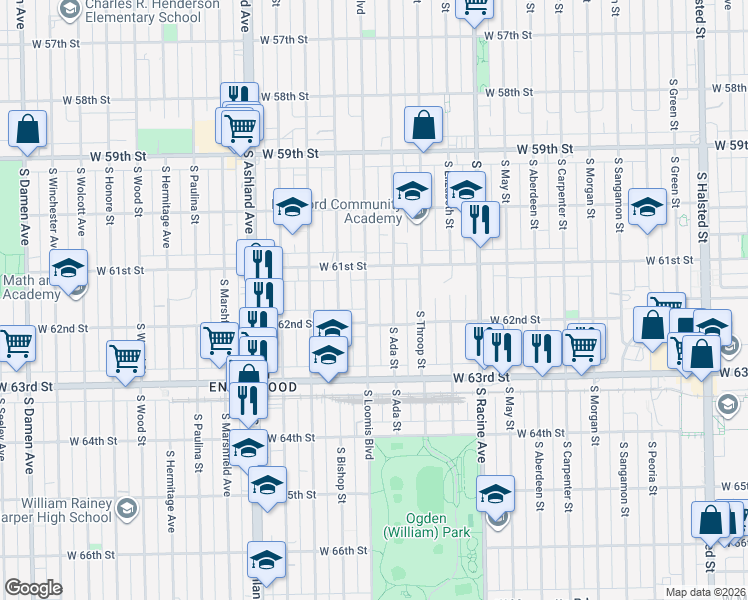 map of restaurants, bars, coffee shops, grocery stores, and more near 6122 South Ada Street in Chicago