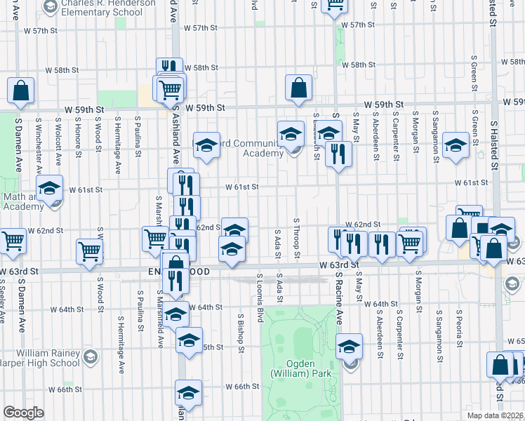 map of restaurants, bars, coffee shops, grocery stores, and more near 6122 South Ada Street in Chicago