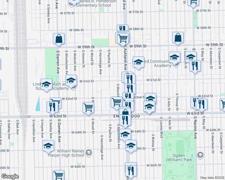 map of restaurants, bars, coffee shops, grocery stores, and more near 6118 South Marshfield Avenue in Chicago