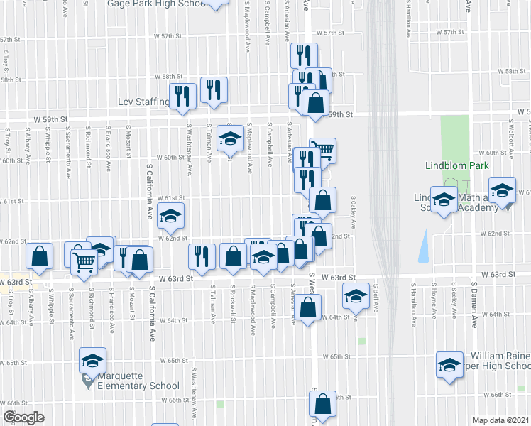 map of restaurants, bars, coffee shops, grocery stores, and more near 6111 South Maplewood Avenue in Chicago