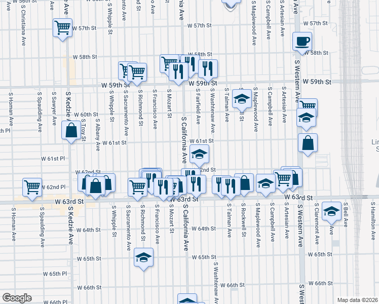 map of restaurants, bars, coffee shops, grocery stores, and more near 6107 South California Avenue in Chicago
