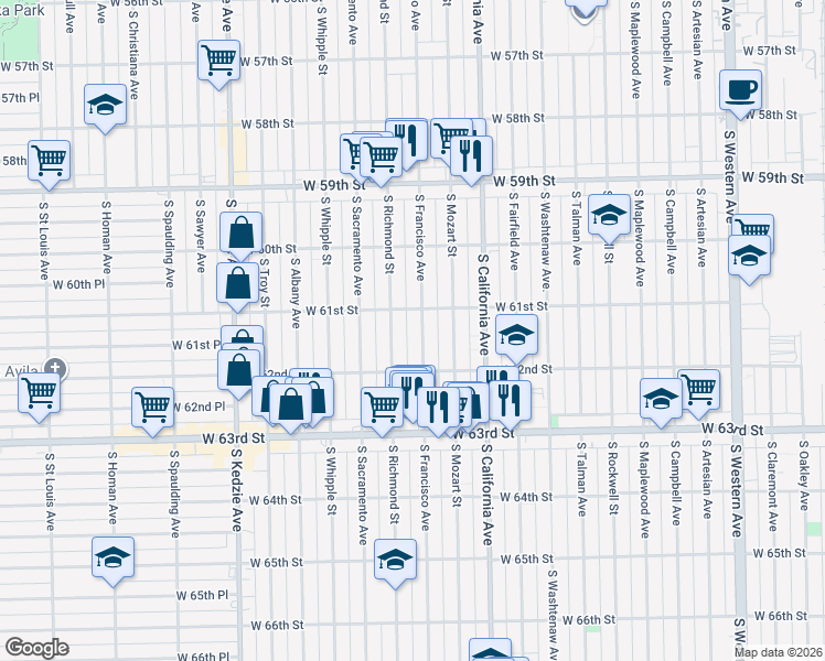 map of restaurants, bars, coffee shops, grocery stores, and more near 6104 South Francisco Avenue in Chicago