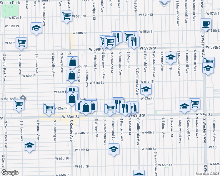 map of restaurants, bars, coffee shops, grocery stores, and more near 6104 South Richmond Street in Chicago