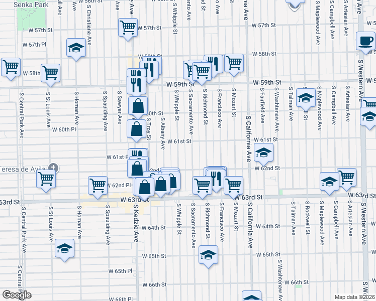 map of restaurants, bars, coffee shops, grocery stores, and more near 3015 West 61st Street in Chicago