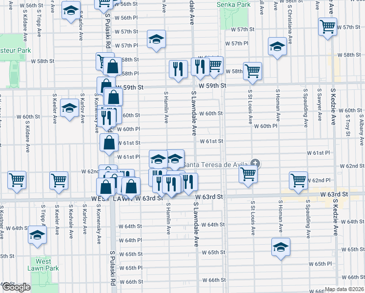map of restaurants, bars, coffee shops, grocery stores, and more near 3734 West 61st Street in Chicago
