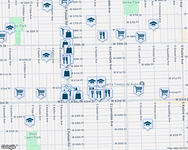 map of restaurants, bars, coffee shops, grocery stores, and more near 3810 West 61st Street in Chicago