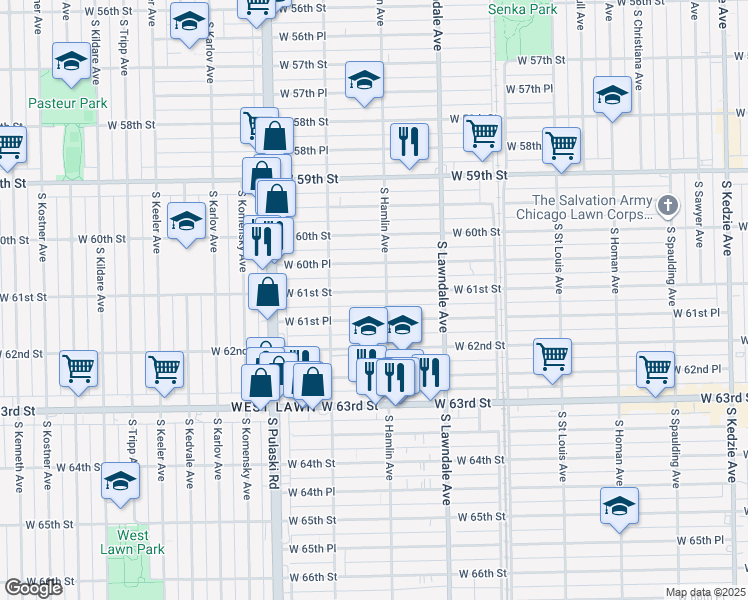 map of restaurants, bars, coffee shops, grocery stores, and more near 3810 West 61st Street in Chicago
