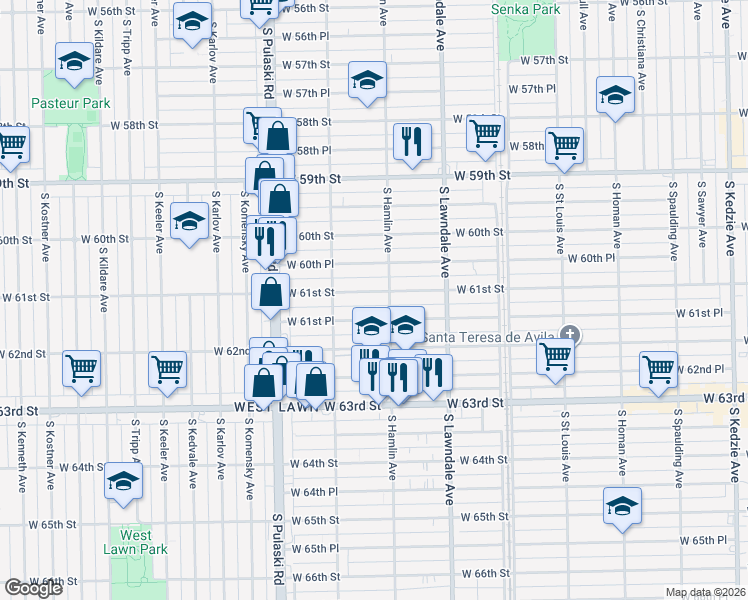 map of restaurants, bars, coffee shops, grocery stores, and more near 3810 West 61st Street in Chicago