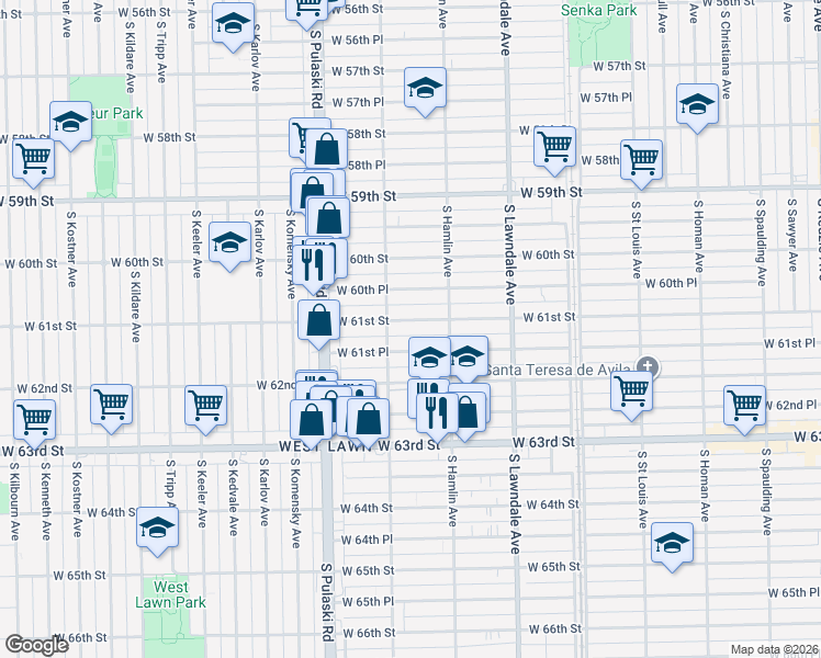 map of restaurants, bars, coffee shops, grocery stores, and more near 3852 West 61st Street in Chicago