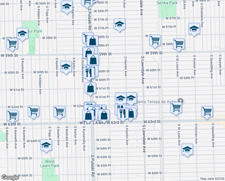 map of restaurants, bars, coffee shops, grocery stores, and more near 3852 West 61st Street in Chicago