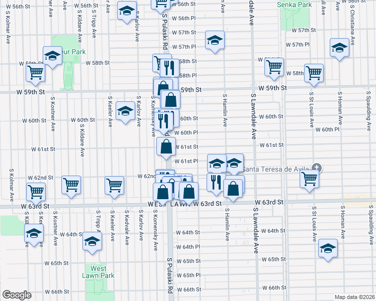 map of restaurants, bars, coffee shops, grocery stores, and more near 3926 West 61st Street in Chicago