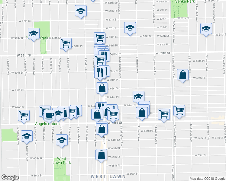 map of restaurants, bars, coffee shops, grocery stores, and more near 3926 West 61st Street in Chicago