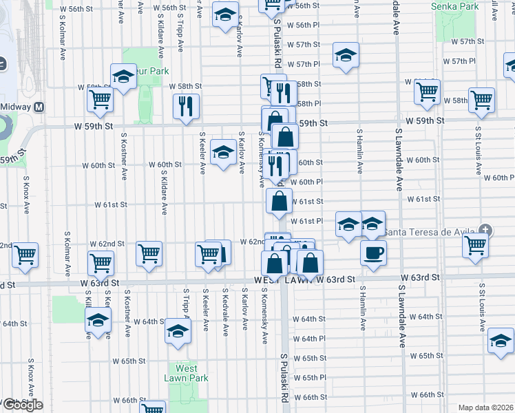map of restaurants, bars, coffee shops, grocery stores, and more near 6054 South Komensky Avenue in Chicago
