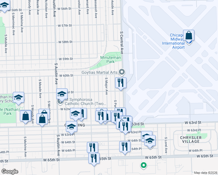 map of restaurants, bars, coffee shops, grocery stores, and more near 6034 South Parkside Avenue in Chicago