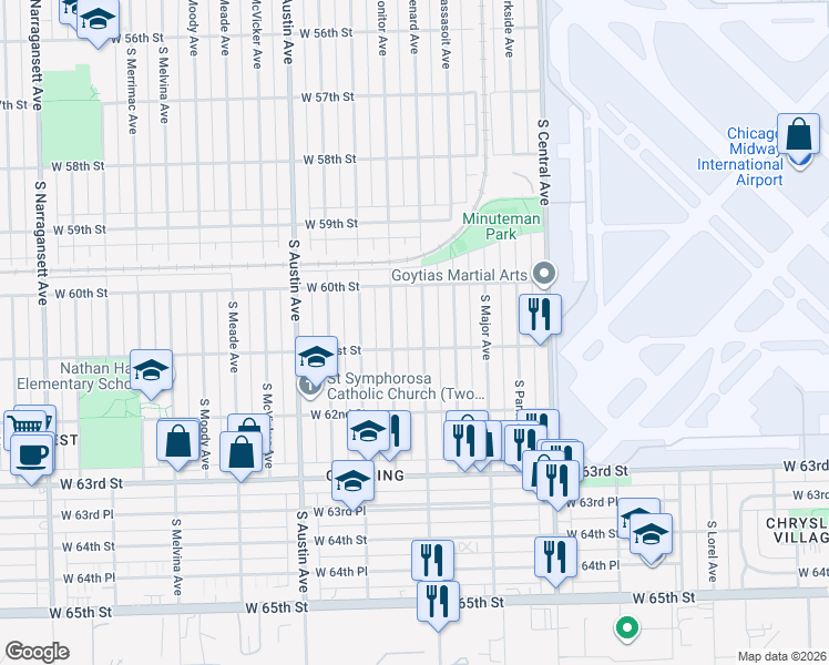 map of restaurants, bars, coffee shops, grocery stores, and more near 6031 South Menard Avenue in Chicago