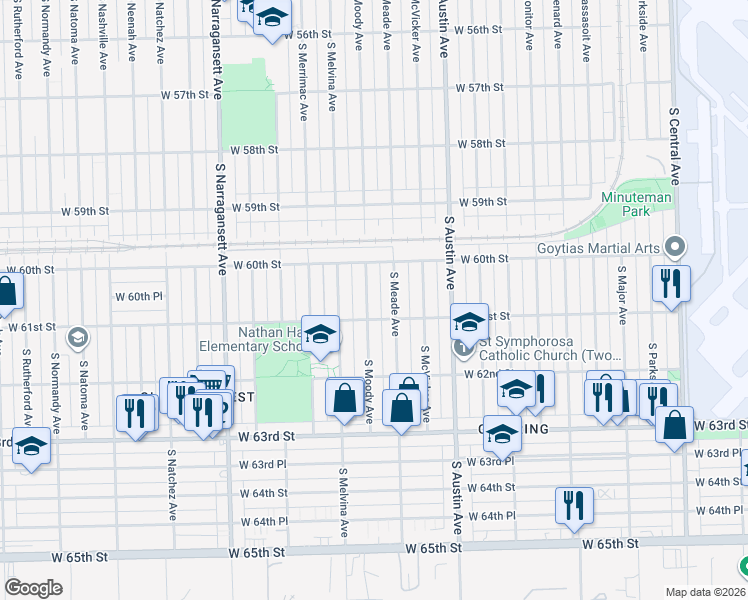 map of restaurants, bars, coffee shops, grocery stores, and more near 6024 South Moody Avenue in Chicago