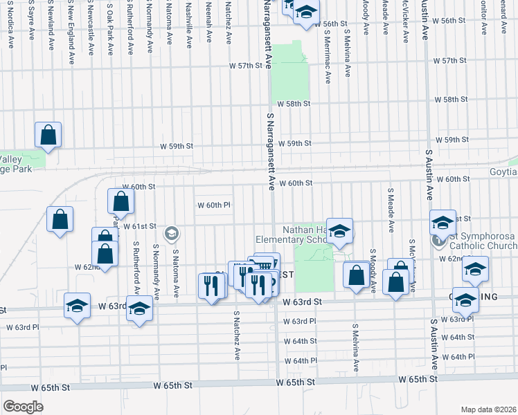 map of restaurants, bars, coffee shops, grocery stores, and more near 6020 South Nagle Avenue in Chicago