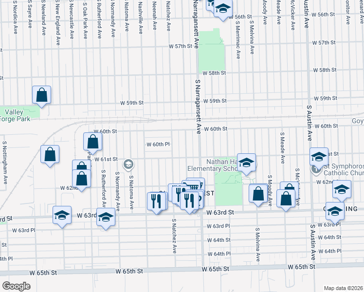 map of restaurants, bars, coffee shops, grocery stores, and more near 6020 South Nagle Avenue in Chicago