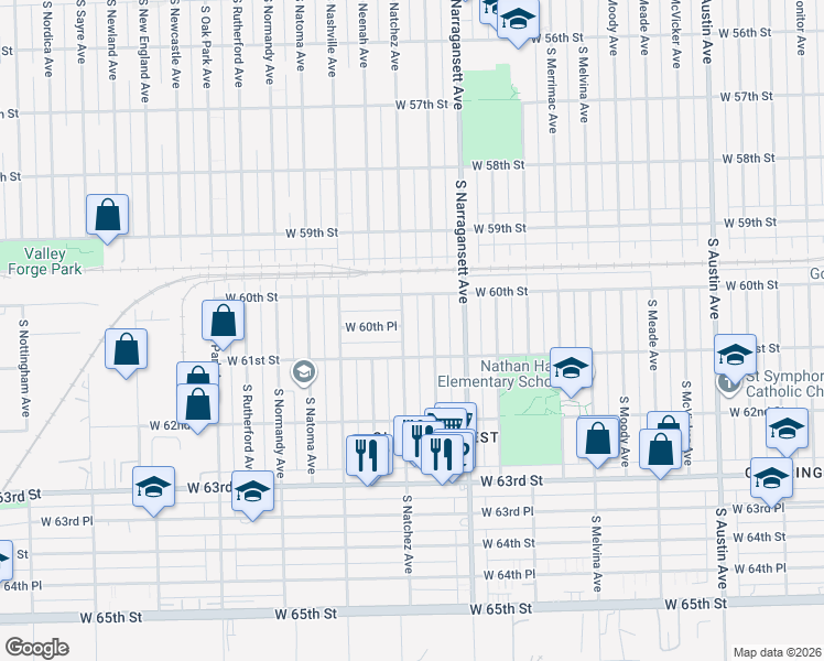 map of restaurants, bars, coffee shops, grocery stores, and more near 6020 South Nagle Avenue in Chicago