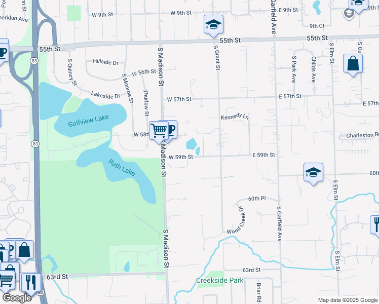 map of restaurants, bars, coffee shops, grocery stores, and more near 315 West 59th Street in Hinsdale