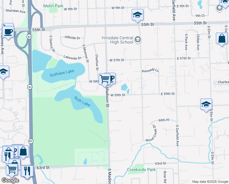 map of restaurants, bars, coffee shops, grocery stores, and more near 315 West 59th Street in Hinsdale