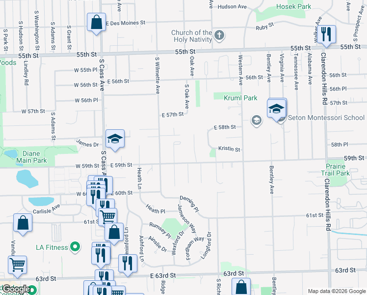 map of restaurants, bars, coffee shops, grocery stores, and more near 716 Fairfield Court in Westmont