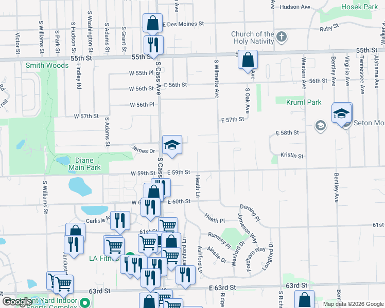 map of restaurants, bars, coffee shops, grocery stores, and more near 700 Heath Court in Westmont