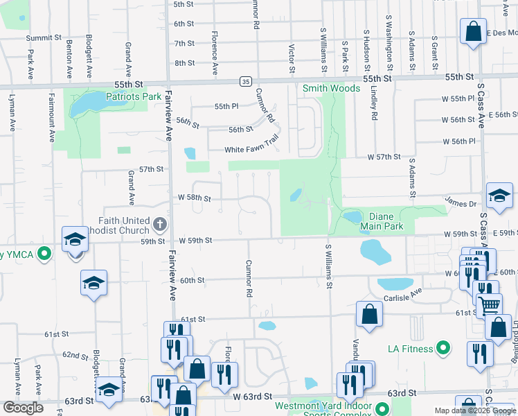 map of restaurants, bars, coffee shops, grocery stores, and more near 601 West 58th Street in Westmont