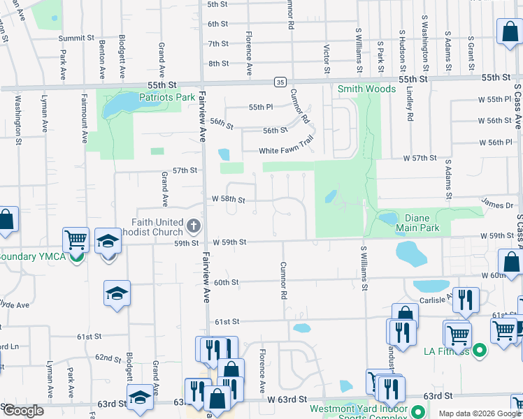map of restaurants, bars, coffee shops, grocery stores, and more near 700 West 58th Street in Westmont