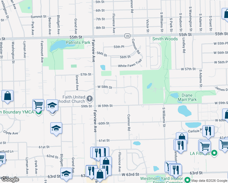 map of restaurants, bars, coffee shops, grocery stores, and more near 700 West 58th Street in Westmont